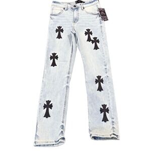 REBEL VENGEANCE Cross Patch Jeans Mens 30 Light Wash Y2K Gothic Streetwear Denim